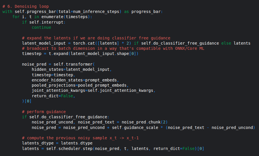 Reverse Diffusion Process or Denoising Algorithm Implementation as described in source code of Stable Diffusion 3.5