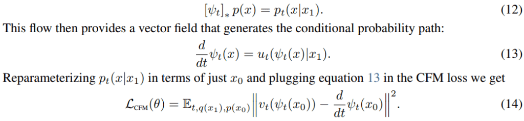 Re parameterized equation of flow matching for tractability using Push Forward Method. 