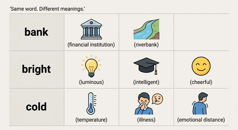 Common words with multiple meanings illustrating lexical ambiguity in natural language