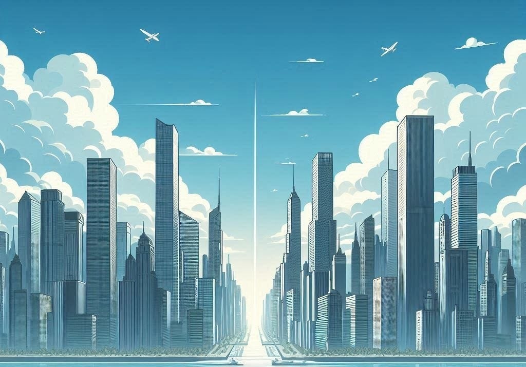 Two Clusters of Density using Skyscrapers - Image generated by AI in Microsoft Image Designer