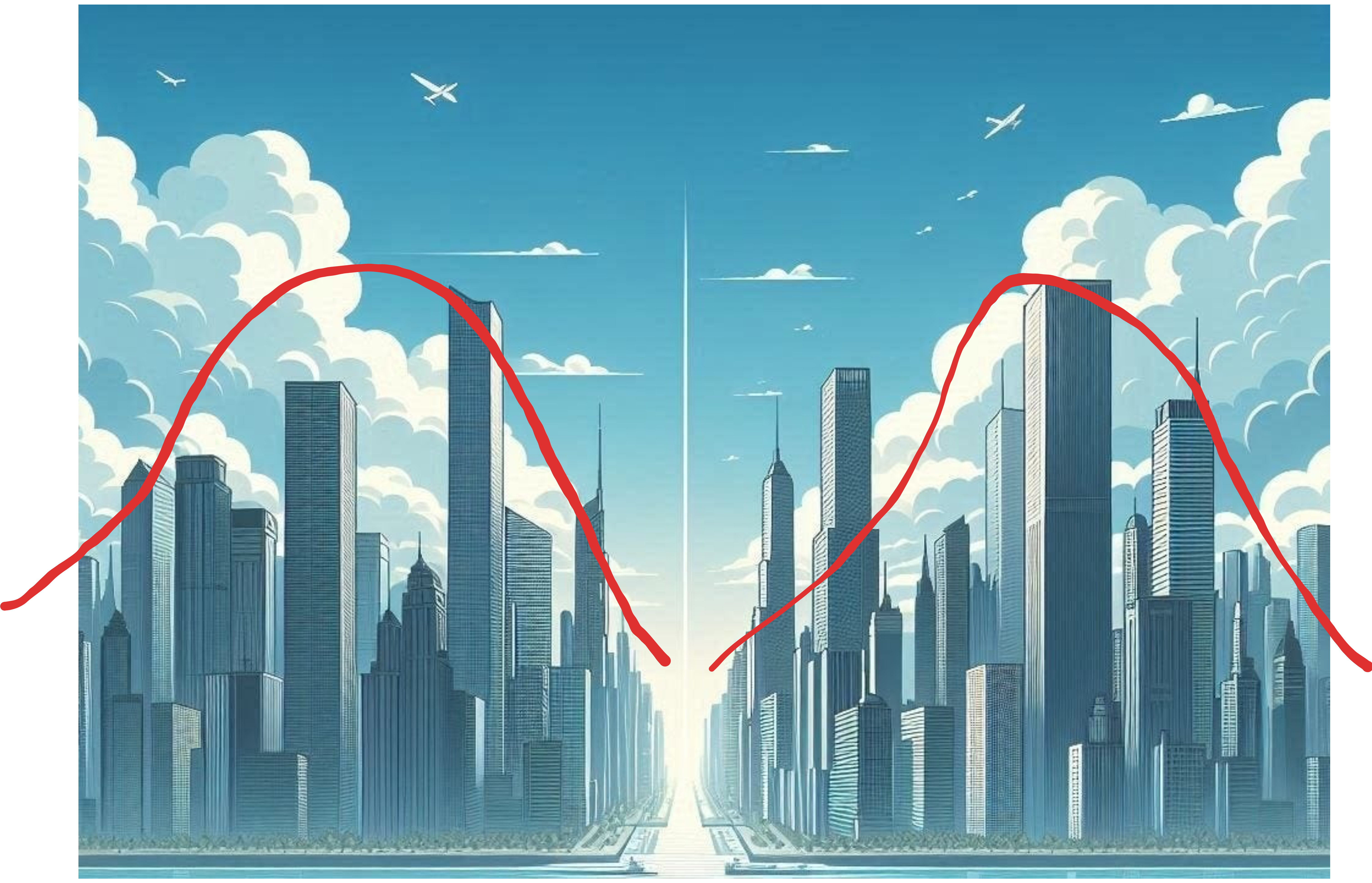 Two Clusters of Density using Skyscrapers - Image generated by AI in Microsoft Image Designer