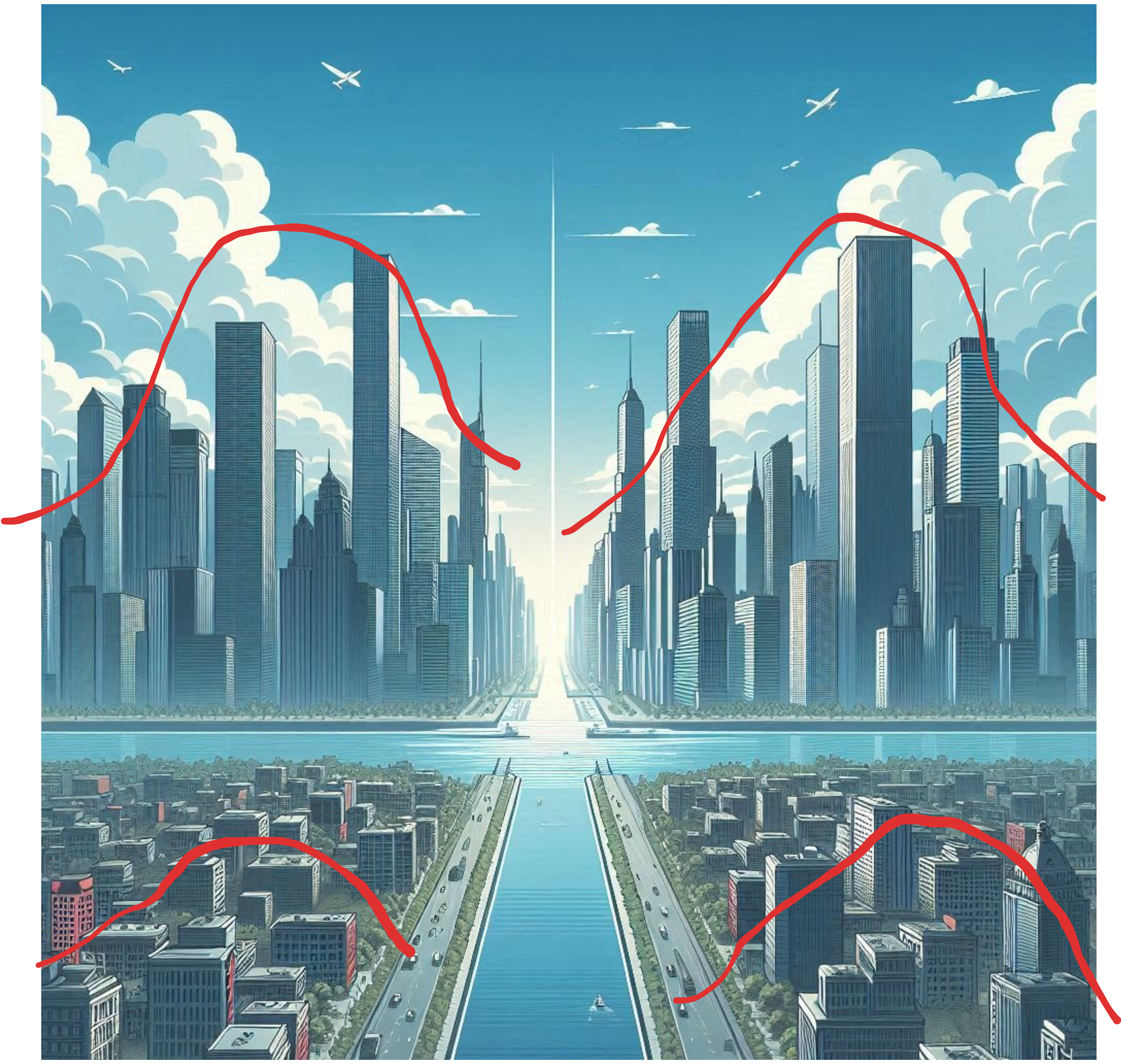 Four Clusters of Density using Skyscrapers - Image generated by AI in Microsoft Image Designer