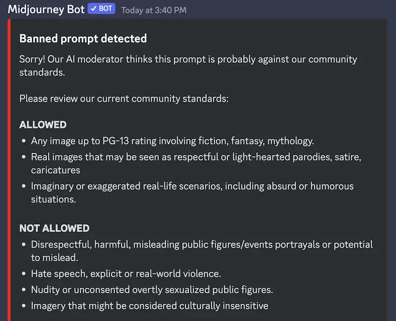 An example of an input guardrail on Midjourney
