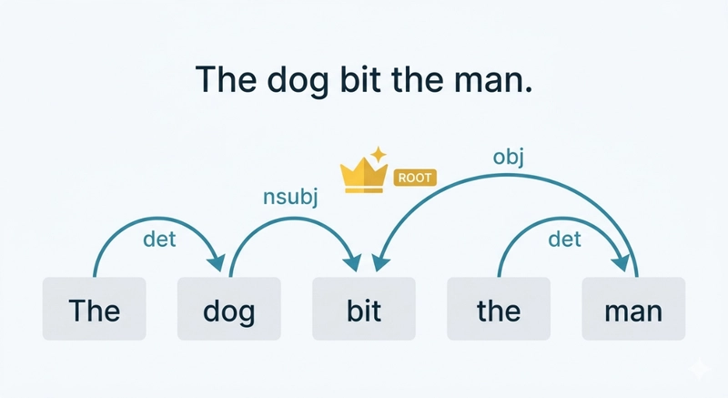 A dependency tree visualised as an arc diagram showing labelled relationships between words