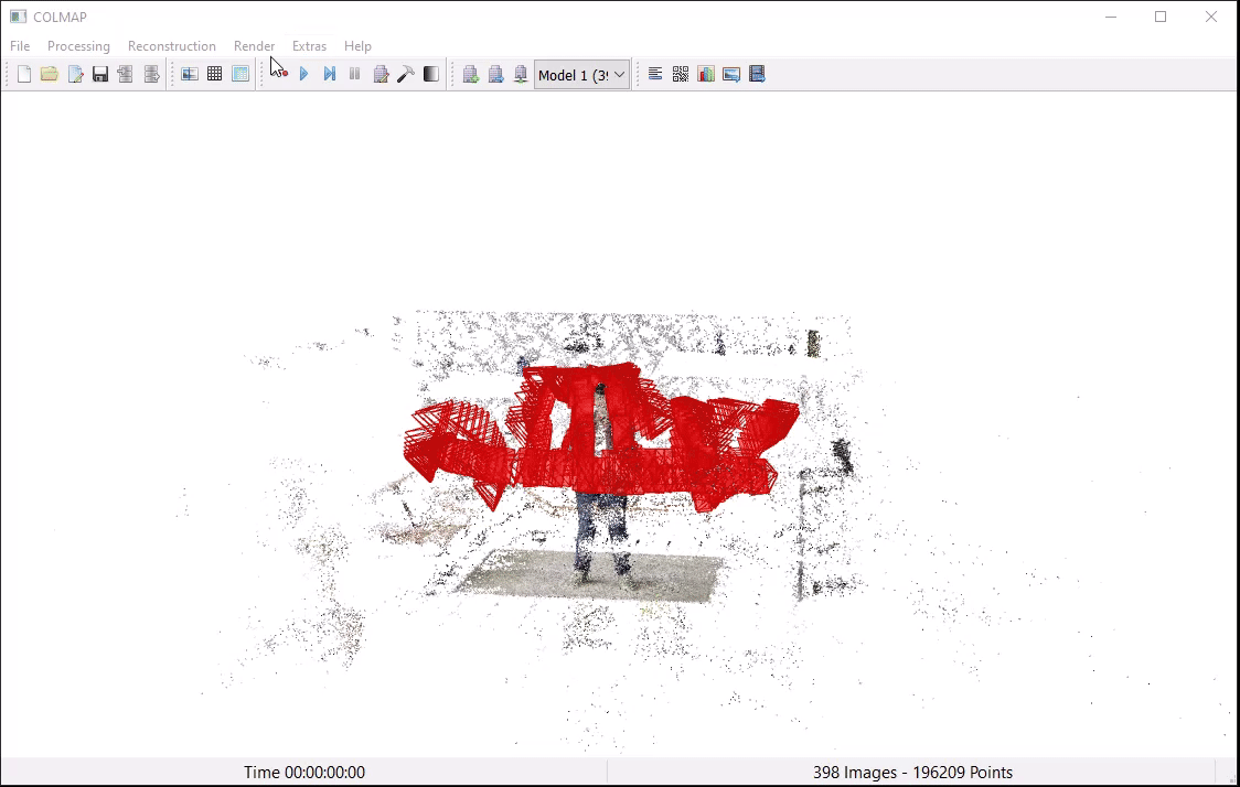 Fig.7: Sparse point cloud output and camera poses from colmap. Image by Sascha Kirch.