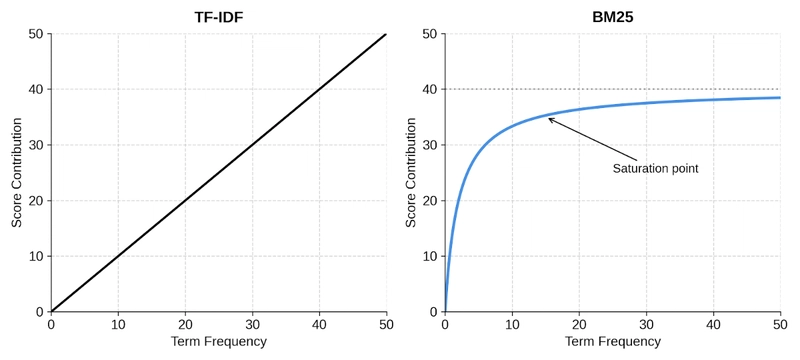 BM25 term frequency saturation vs TF-IDF linear growth