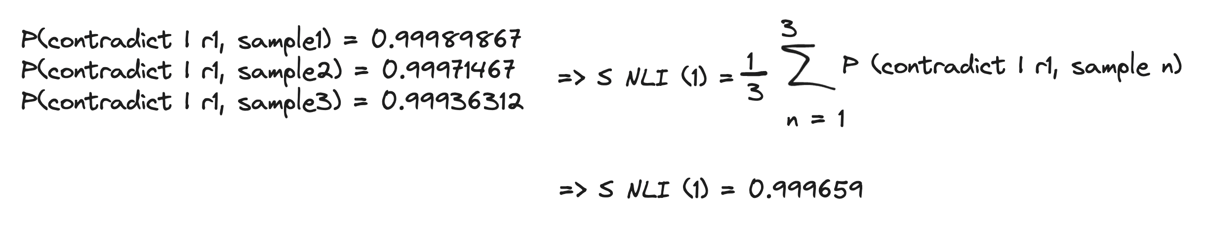 Probability of contradiction w.r.t the first sentence and each sample. Image by the author.