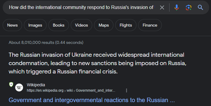 Image by author: Response from Google search for How did the international community respond to Russias invasion of Ukraine in 2022?
